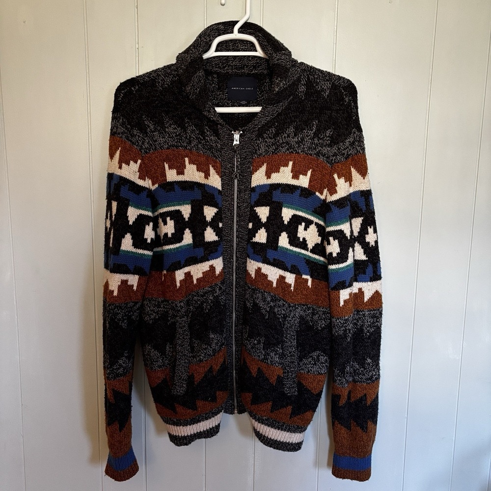 American Eagle Men's L Aztec Southwestern Full Zip Cardigan Sweater Gray Heavy